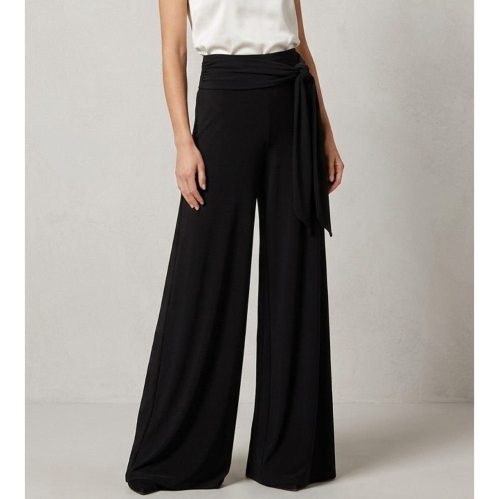 Cache Vintage 90s Black Wide Leg Palazzo Pants High Waist‎ Tie Front Sash